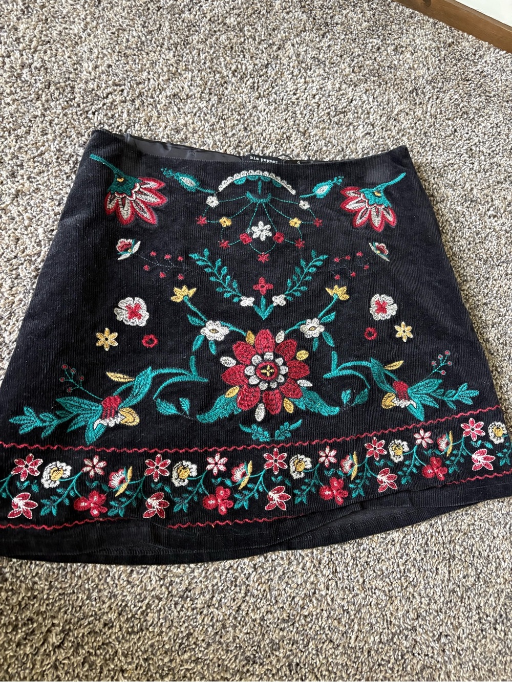 Blu Pepper Black Mini Skirt with Multicolor Floral Embroidery